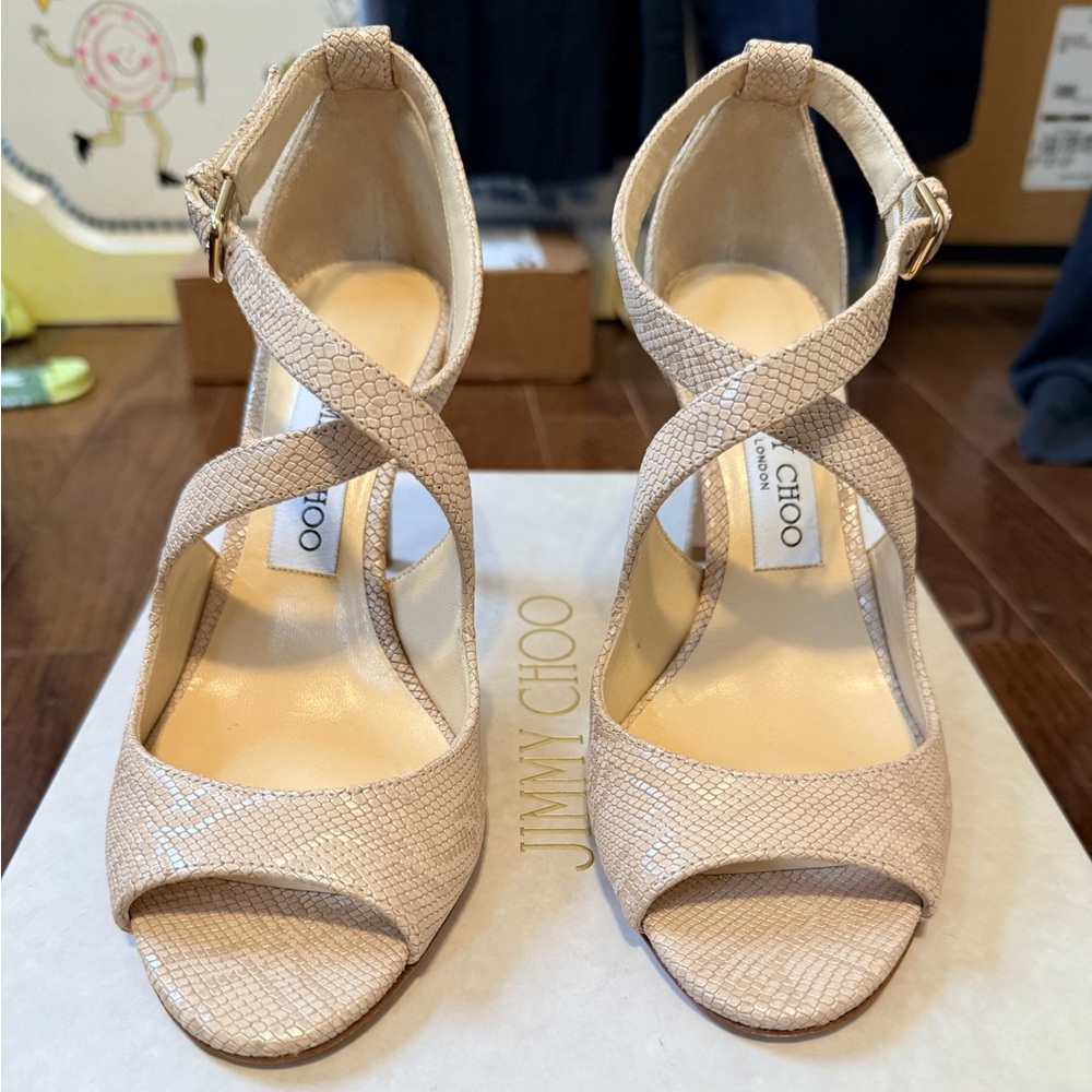 Jimmy Choo Emily 85 Nude embossed leather heels. 
New in box. Size 6.5
STUNNING